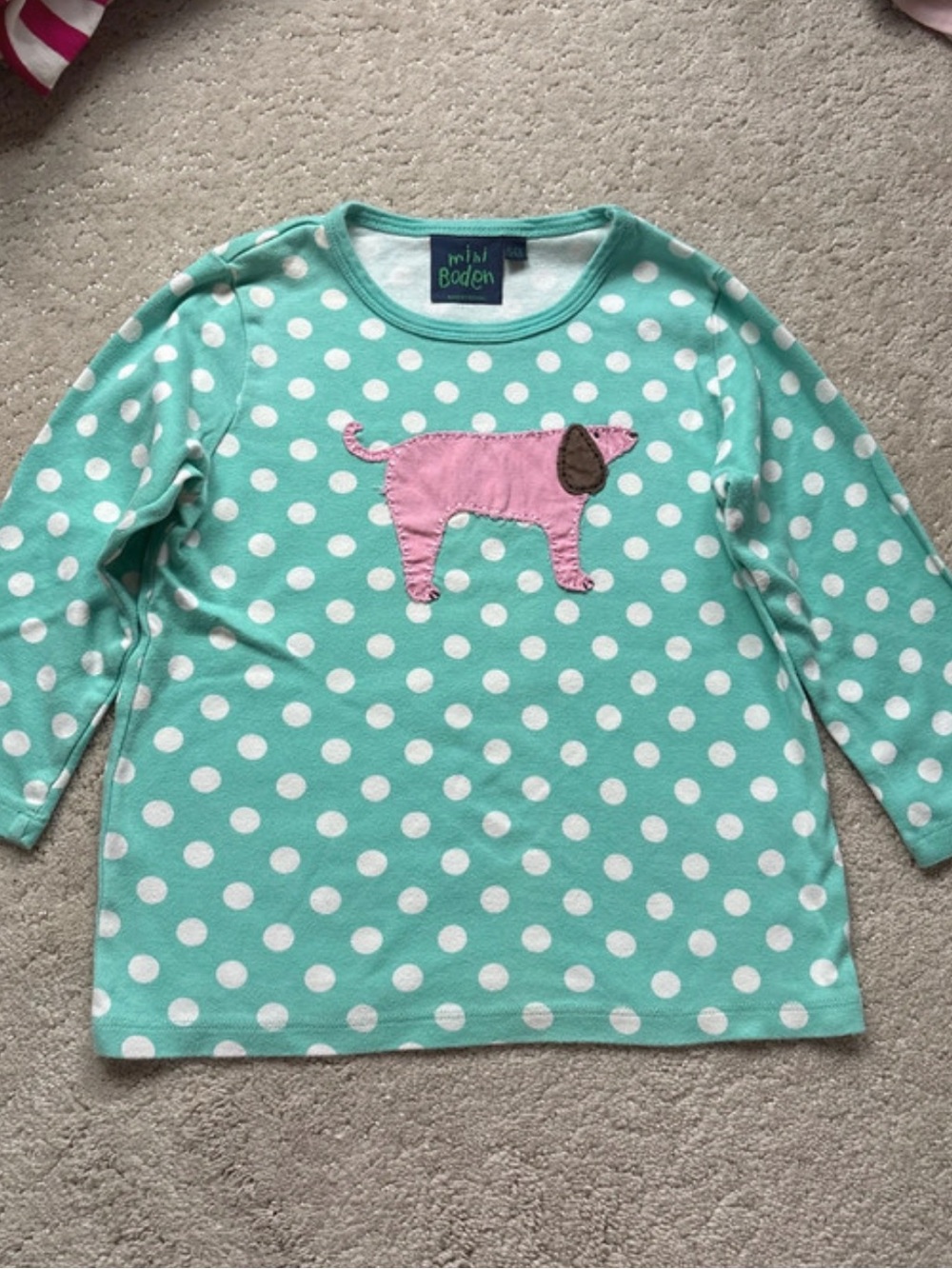 Mini Boden Mint Green Polka Dot Long-Sleeve Top with Pink Dog Appliqué size 5-6